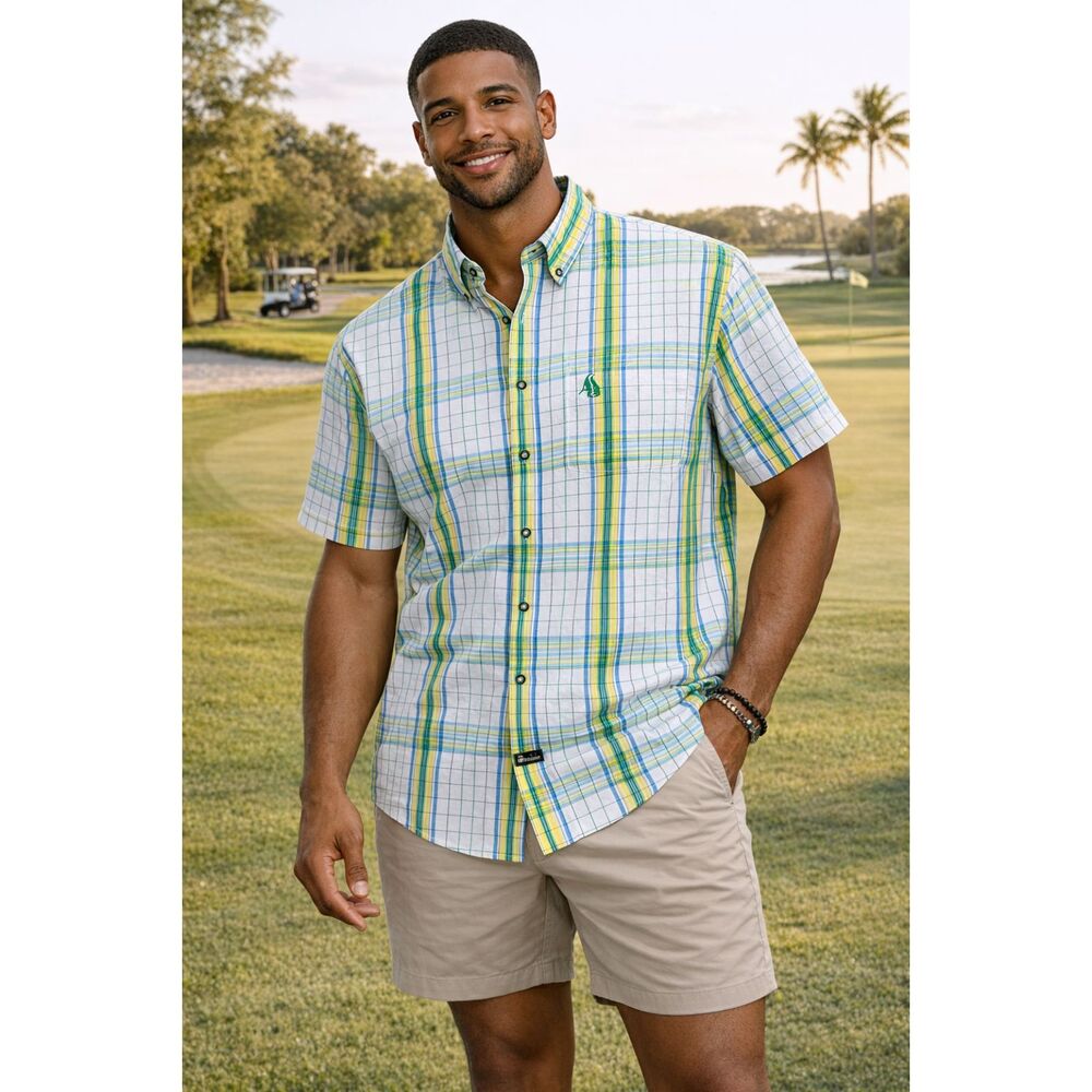 South Pole Button Down Shirt Mens XXL Plaid Short Sleeve Green Yellow Blue